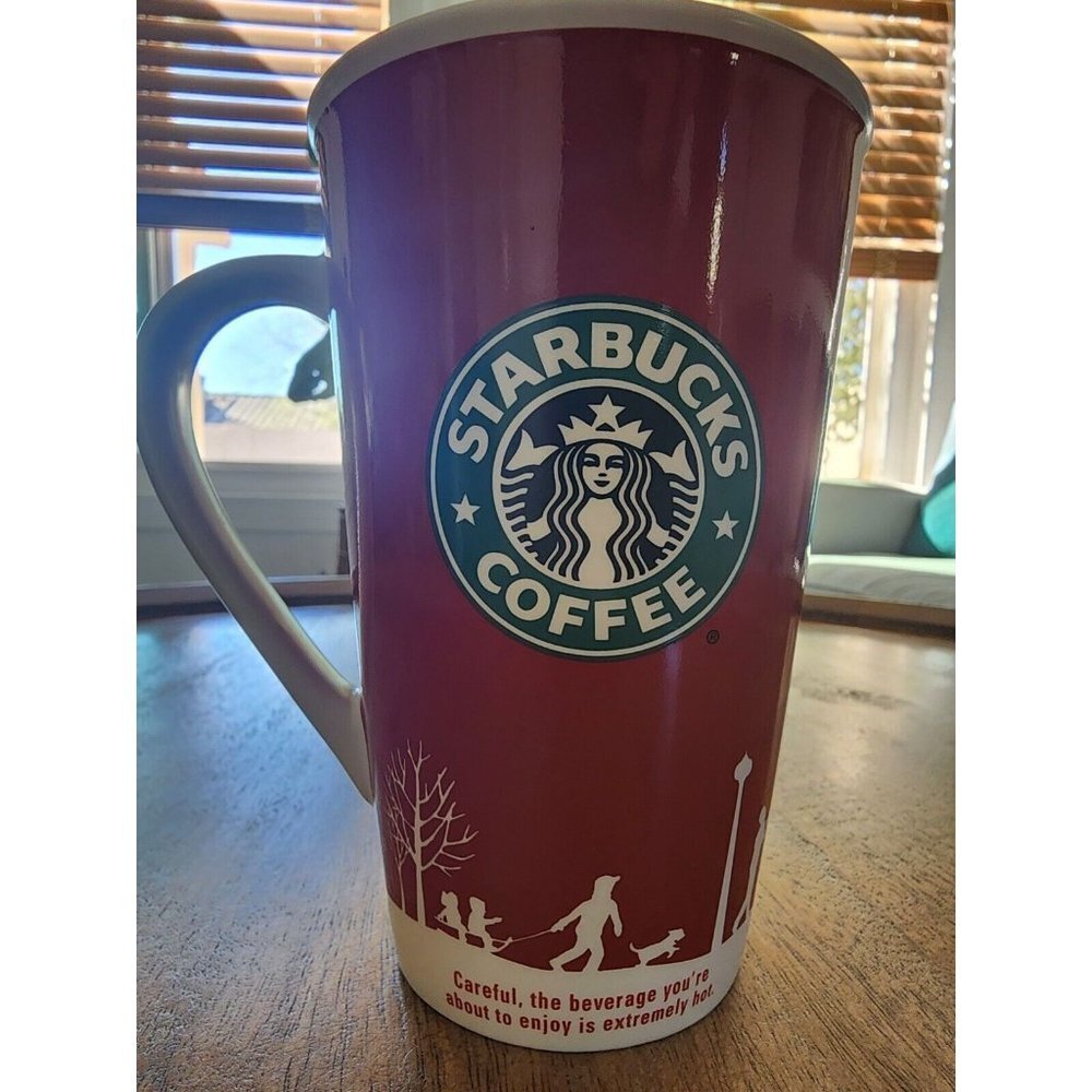 2006 Starbucks Red Tall Holiday Christmas Coffee Cup Mug w/ Christmas Scene